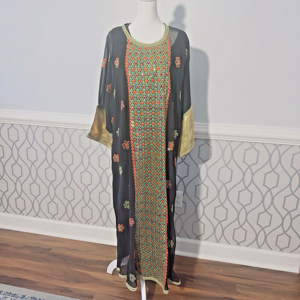 Women's Moroccan Evening Wear Kaftan Dress Maxi Belted Black Embroidery Gold